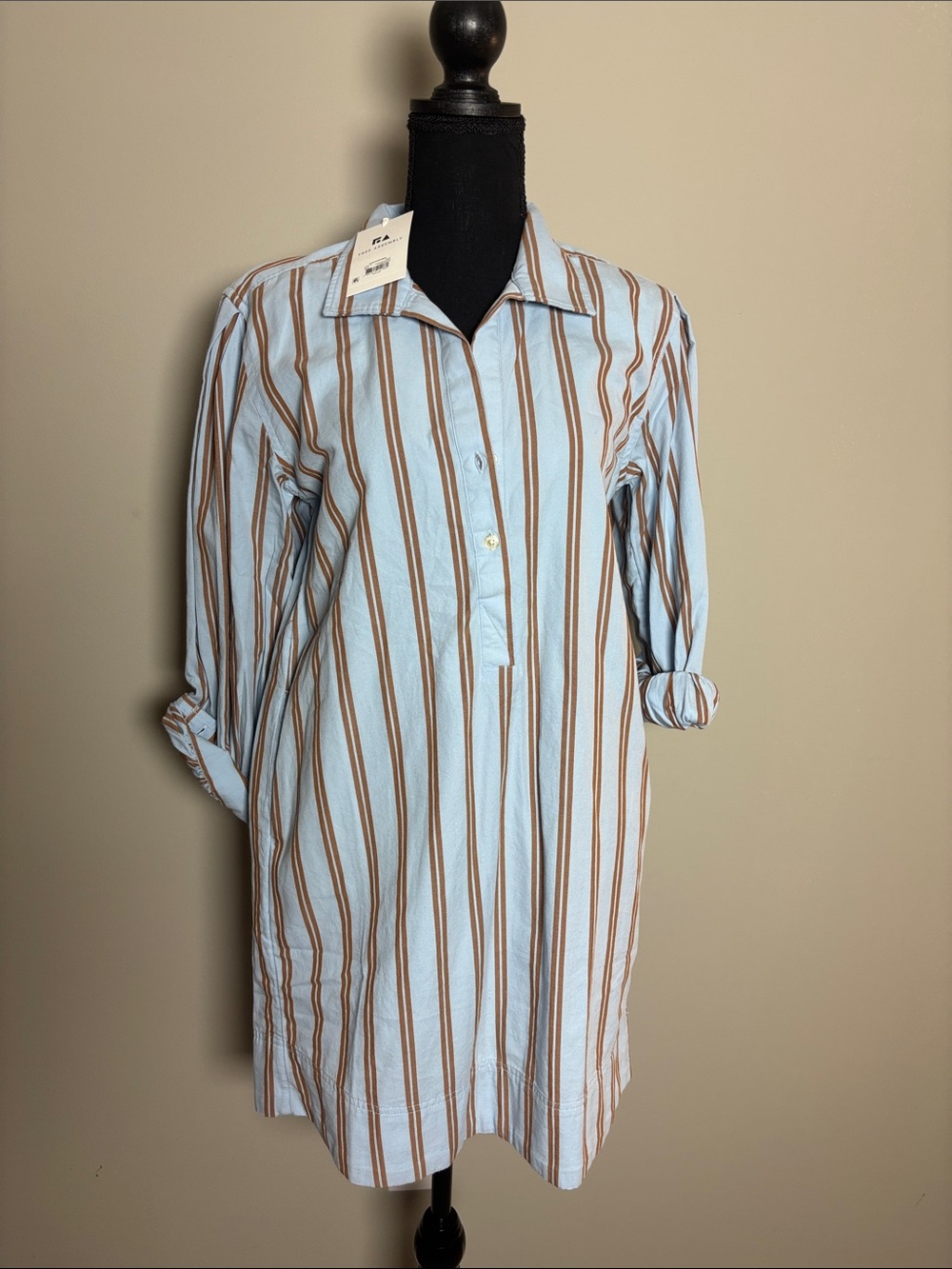 Free Assembly Light Blue & Brown Stripe Shirt Dress-size small